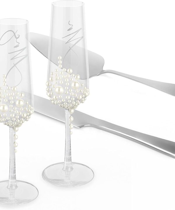 Mr and Mrs Champagne Flutes and Cake Knife Server Set, Wedding Toasting Glasses with Pearls  Bride and Groom Gifts for Engagement Anniversary Bridal Shower Ceremony