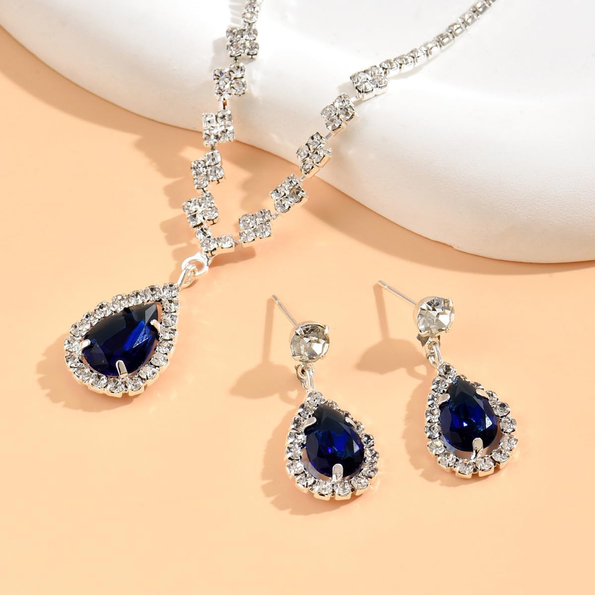 Navy Blue Jewelry Sets for Women Sparkly Black Rhinestone Necklace Earrings Luxury Bridal Wedding Jewellery Set Formal Costume Jewelry Accessories Gift