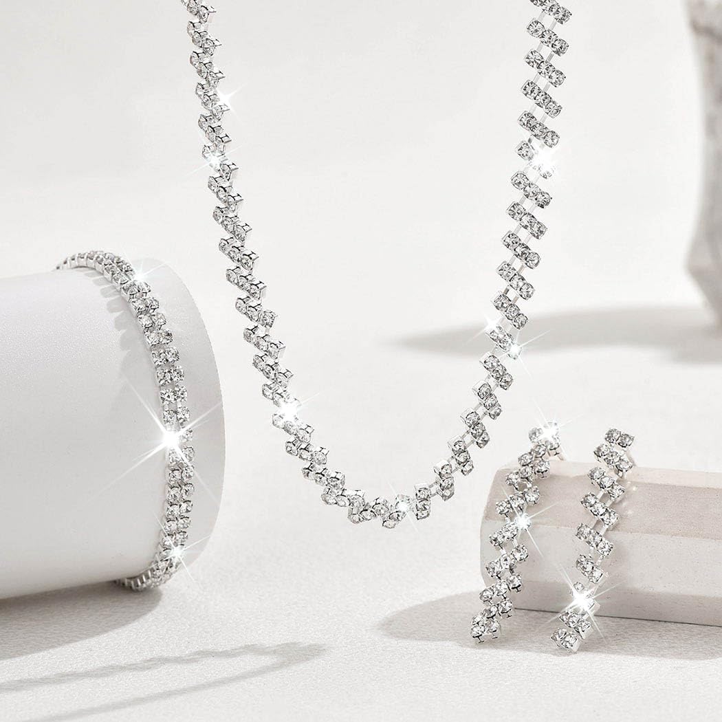 Unicra Rhinestone Bridal Wedding Jewelry Sets Silver Necklace Earrings Bracelet Set Prom Formal Costume Jewelry Set for Women and Brides