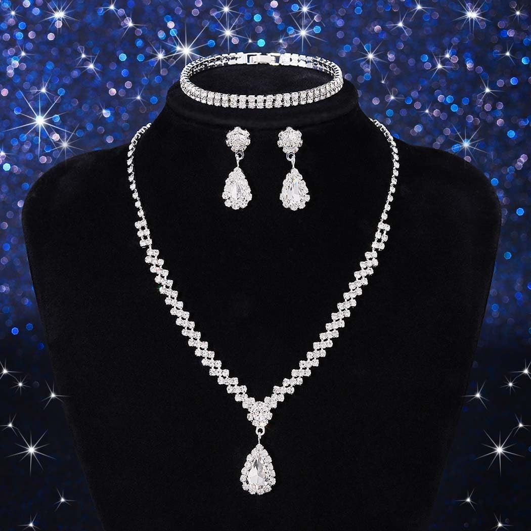 GORAIS Prom Wedding Jewelry Sets Rhinestone Bridal Necklace Earrings Bracelet Set Crystal Costume Jewelry for Brides