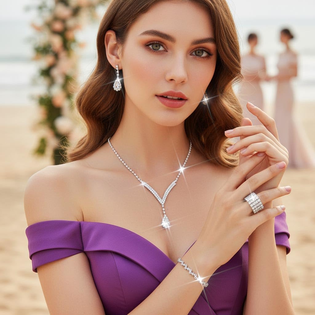 Unicra Bridal Wedding Jewelry Set Silver Rhinestone Necklace Earrings Sets Formal Costume Jewelry for Women and Brides