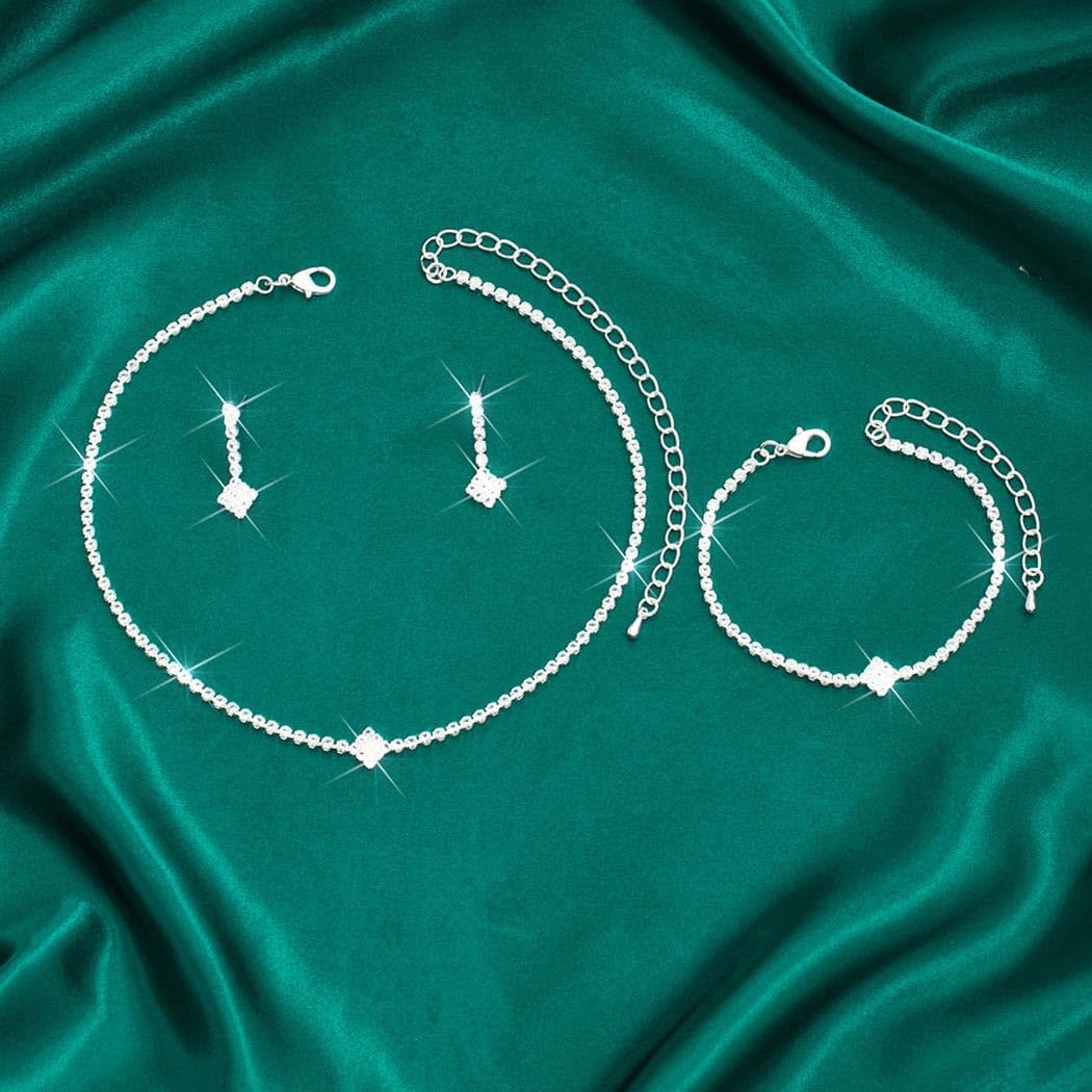 Unicra Silver Bridal Wedding Jewelry Set Sparkly Rhinestone Necklace Earrings Bracelet Sets Formal Costume Jewelry for Women and Brides