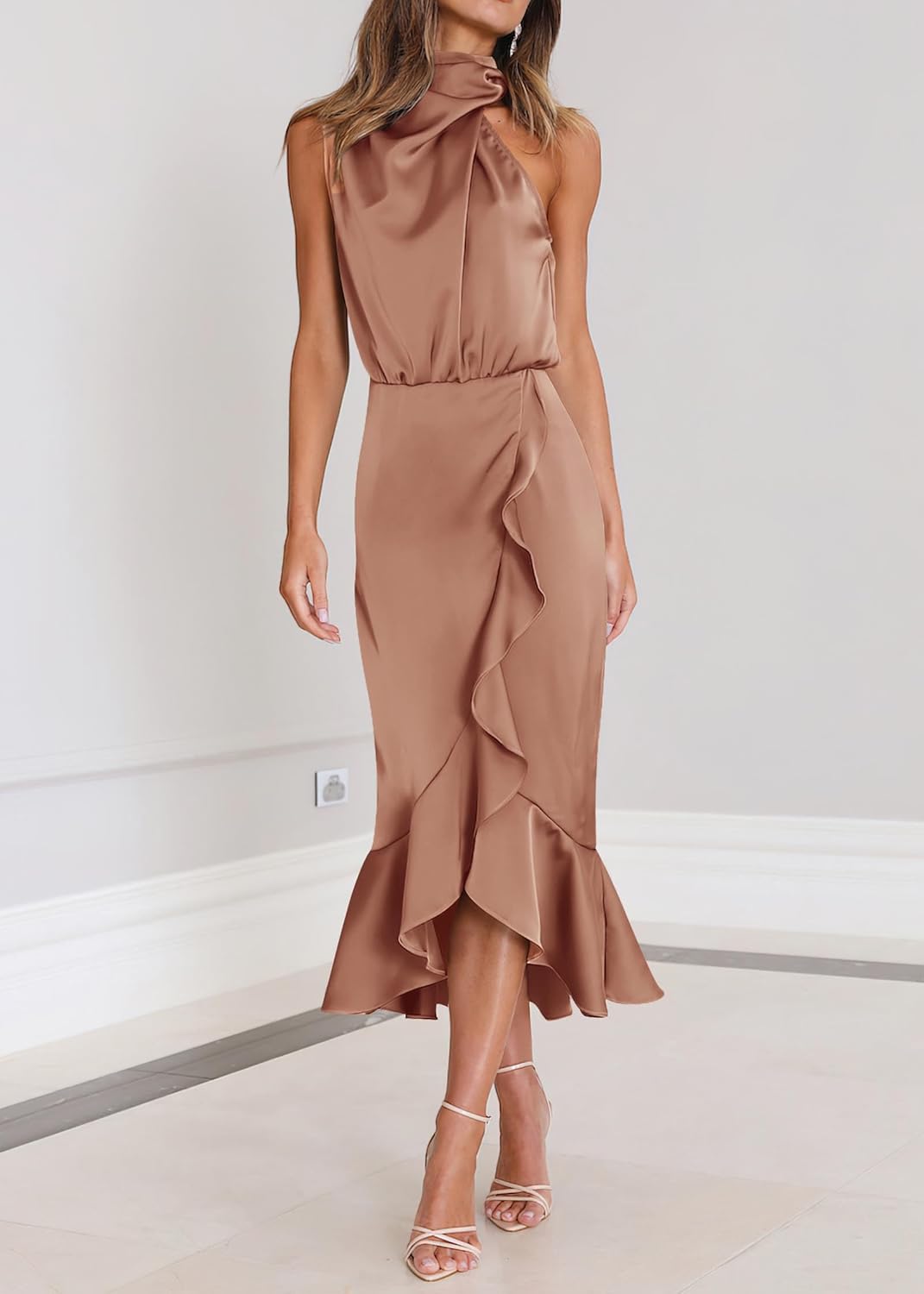 KIRUNDO Women 2025 Summer Fall Satin Mock Neck Wedding Guest Party Cocktail Midi Dress Sleeveless Wrap Ruffle Formal Dresses