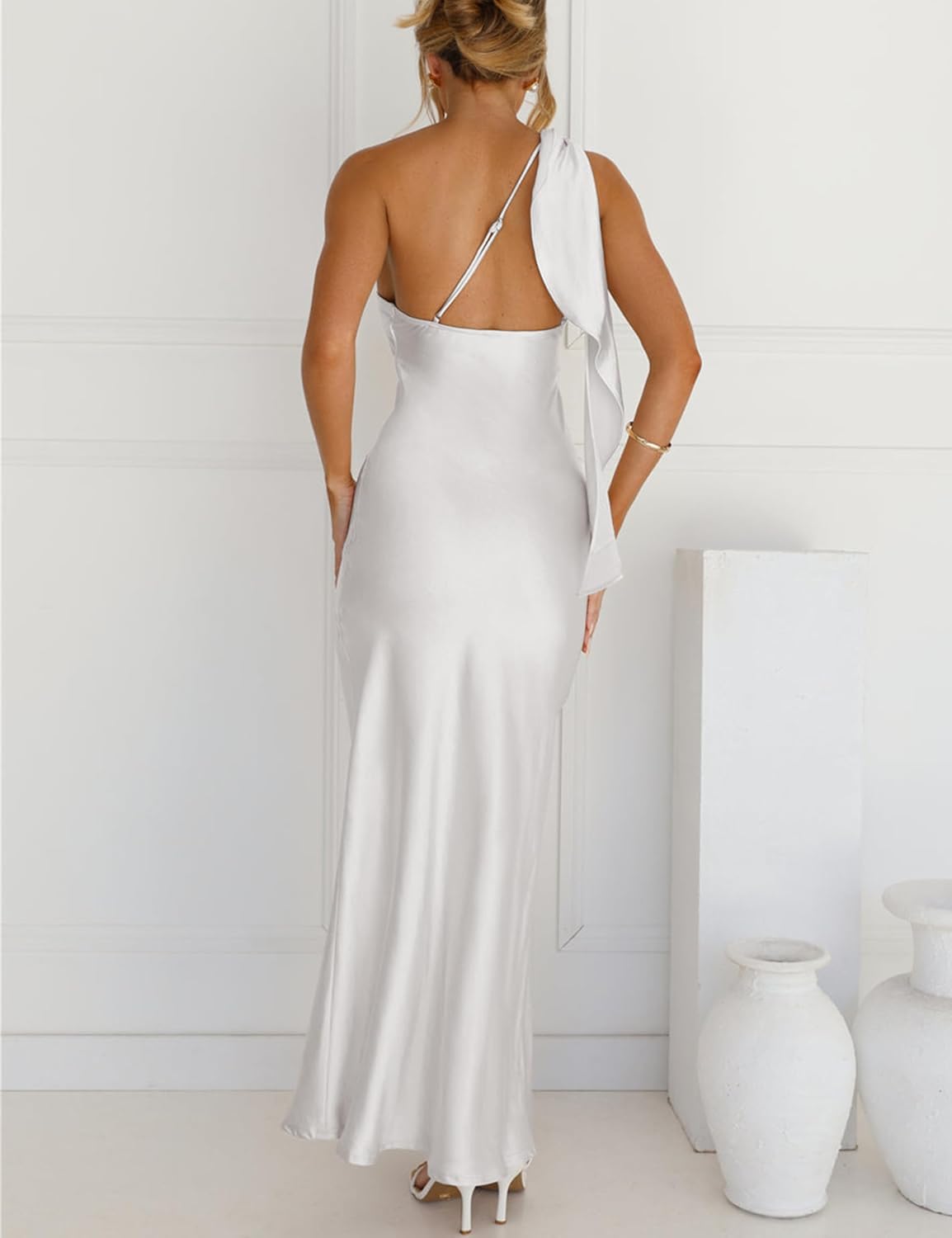 2025 Satin One Shoulder Maxi Dress for Women Summer Silk Formal Elegant Backless Ruffle Sleeveless Wedding Guest Dresses