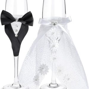 Sparkle and Bash Wedding Glasses for Bride & Groom - 2-Pc 8.75 In Flutes, Black & White, Modern - Champagne Toasting Flutes for Wedding Gifts for Newlyweds, Bridal Shower & Decor