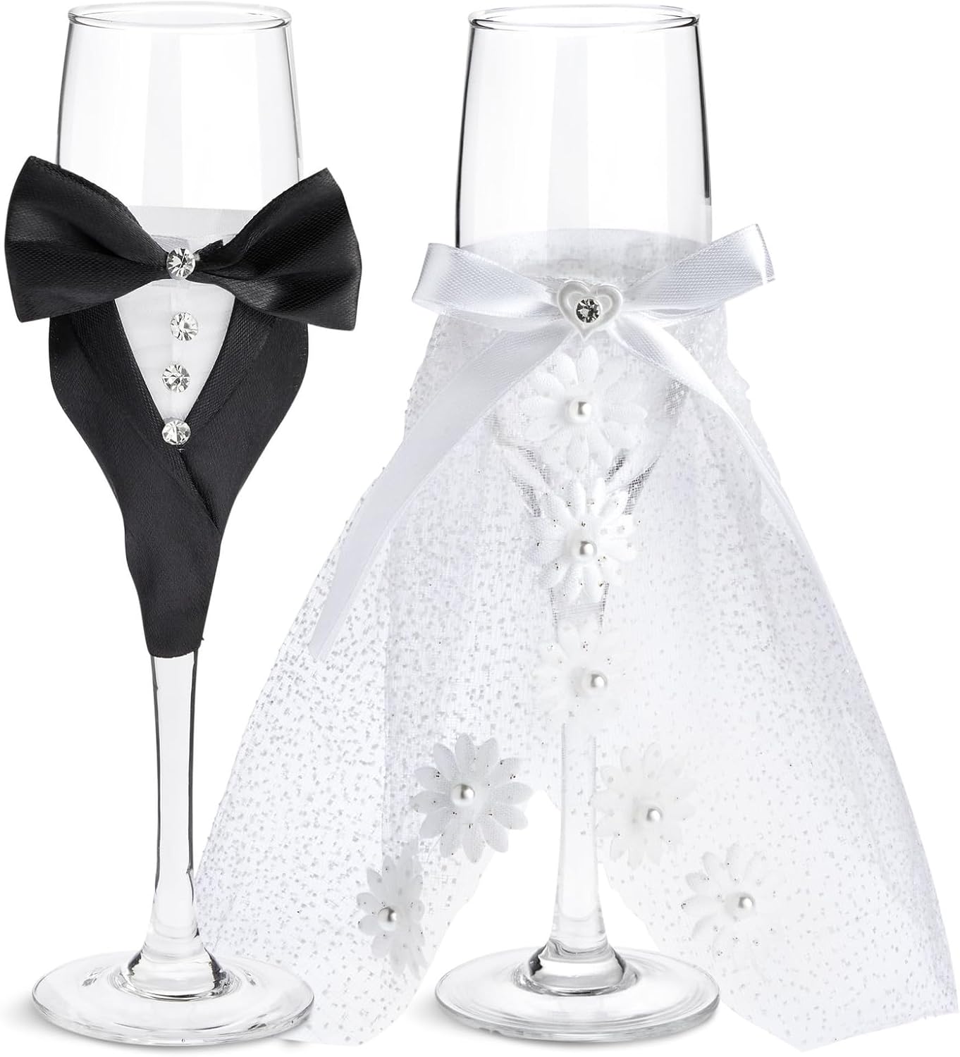 Sparkle and Bash Wedding Glasses for Bride & Groom - 2-Pc 8.75 In Flutes, Black & White, Modern - Champagne Toasting Flutes for Wedding Gifts for Newlyweds, Bridal Shower & Decor