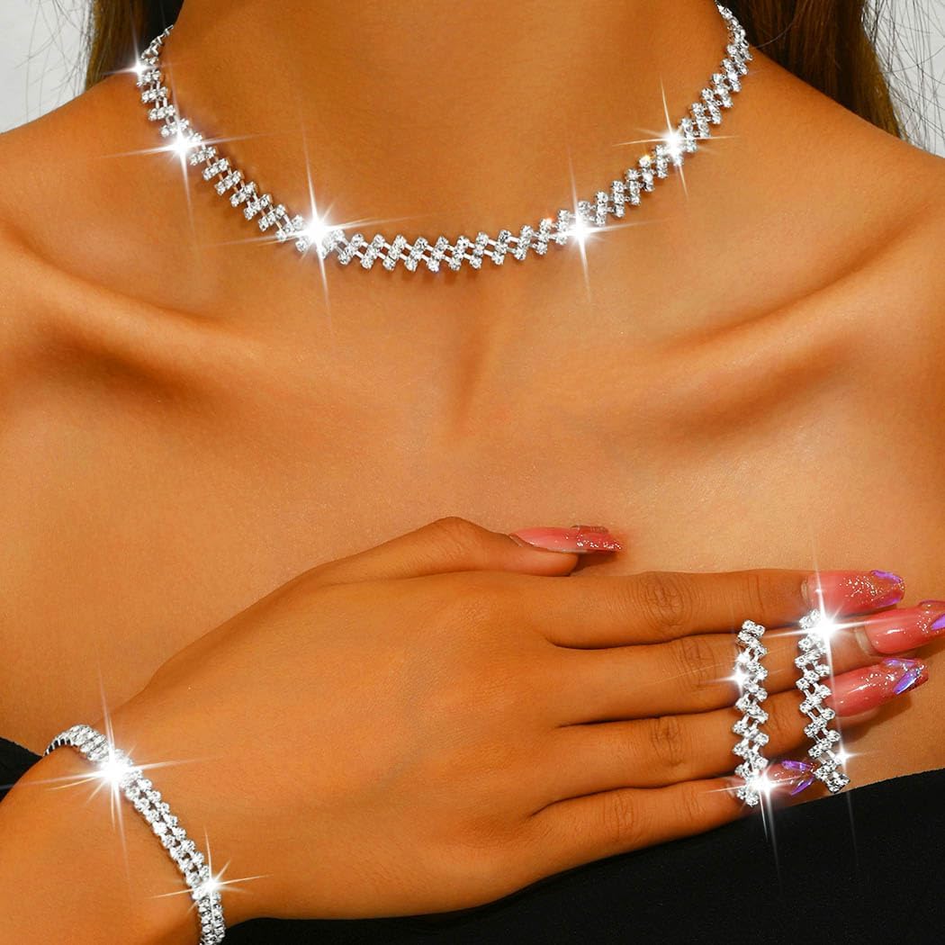 Unicra Rhinestone Bridal Wedding Jewelry Sets Silver Necklace Earrings Bracelet Set Prom Formal Costume Jewelry Set for Women and Brides