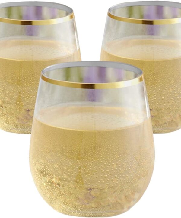48 piece Stemless Unbreakable Crystal Clear Plastic Wine Glasses Set of 48 Small (10 Ounce - Gold Rim)