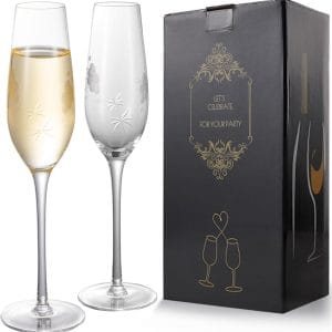 Champagne Flutes, Wedding Champagne Glasses for Bride and Groom Toasting Set of 2 with Engraved Romantic Clouds and Stars Design, Bridal Shower Anniversary Decorations
