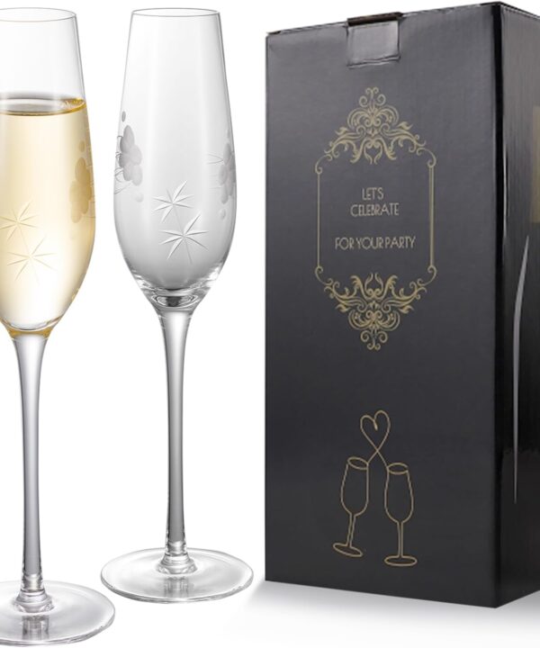 Champagne Flutes, Wedding Champagne Glasses for Bride and Groom Toasting Set of 2 with Engraved Romantic Clouds and Stars Design, Bridal Shower Anniversary Decorations