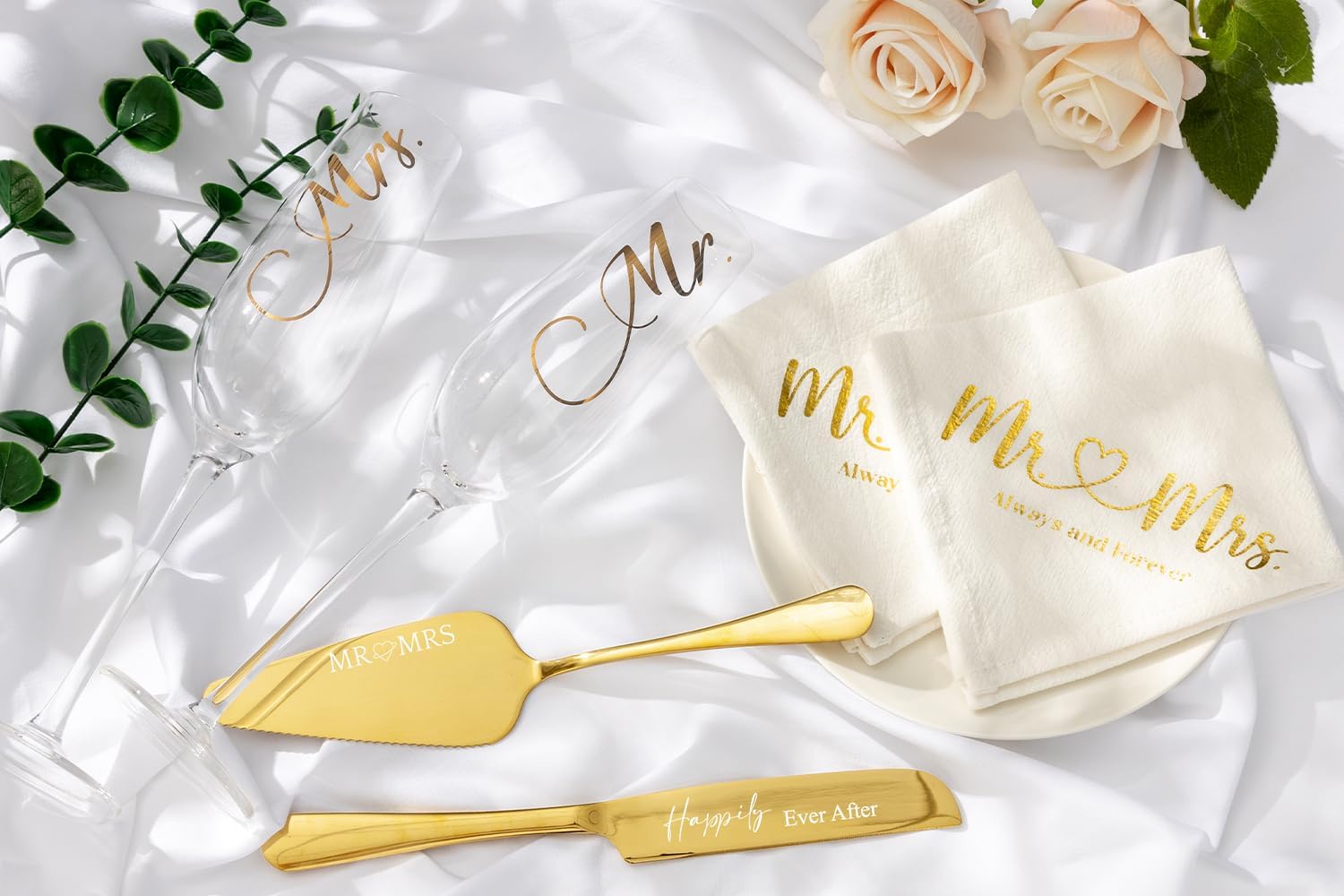 Wedding Cake Knife And Server Set Mr Mrs Champagne Flutes, Bride And Groom Gold Engraved Toasting Glasses With Cocktail Napkins Cake Cutting Set For Wedding, Personalized Engagement Gifts For Couple