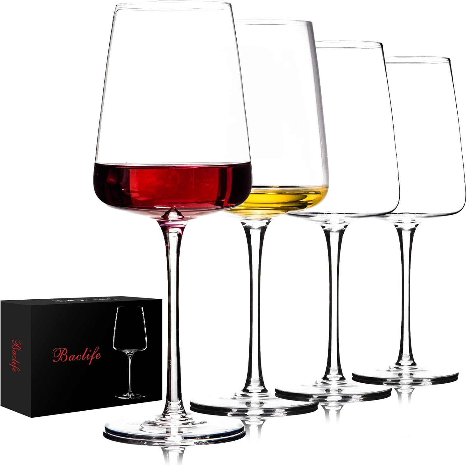 BACLIFE Hand Blown Red Wine Glasses Set of 4 Premium Crystal Wine Glasses With Long Stem,19 oz Unique Gift for Wedding,Birthday,Anniversary Ideal for Restaurants,Home Bar