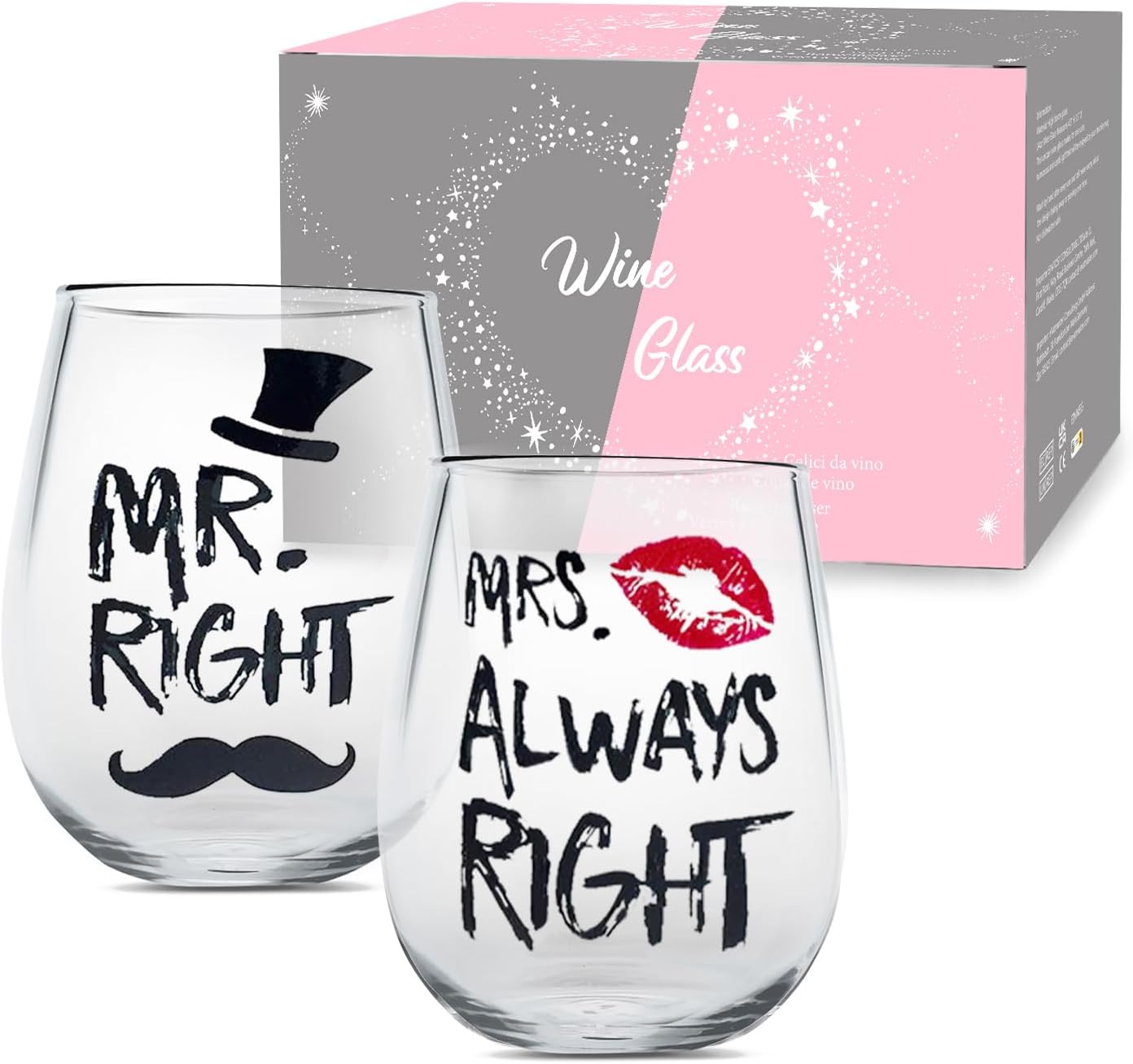 Mr and Mrs Wine Glasses Set, Couple Mug Wedding Gifts, Golden Engagement Anniversary Presents for Bride and Groom, Husband & Wife, Bridal Shower Newlywed, Boy And Girl Friend