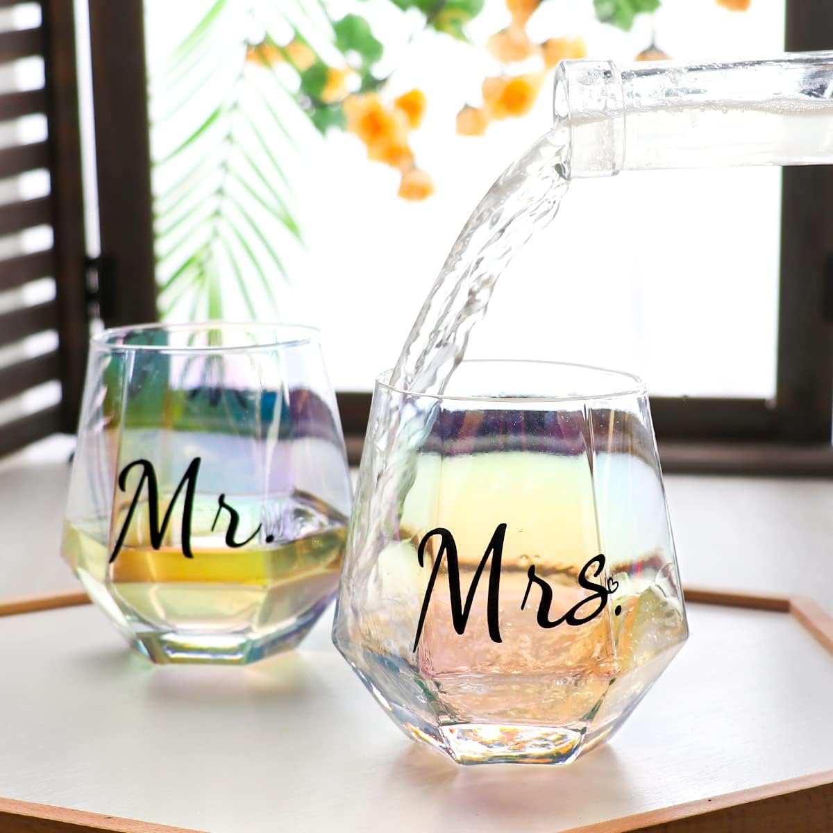Mr & Mrs Iridescent Diamond Shaped Stemless Wine Glasses for Couples – Unique Colorful His & Hers Wedding & Engagement Gift Set of 2