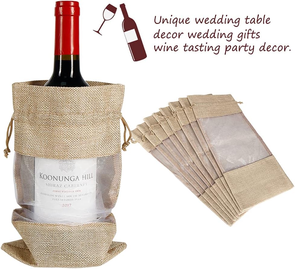 Wine Gift Bags, 10pcs Burlap Jute Bottle Bags 750ml with Sheer Window Organza Hessian Drawstring Pouches for Wedding Festival Wine Tasting Party Favors (14 x 6.3 inches)