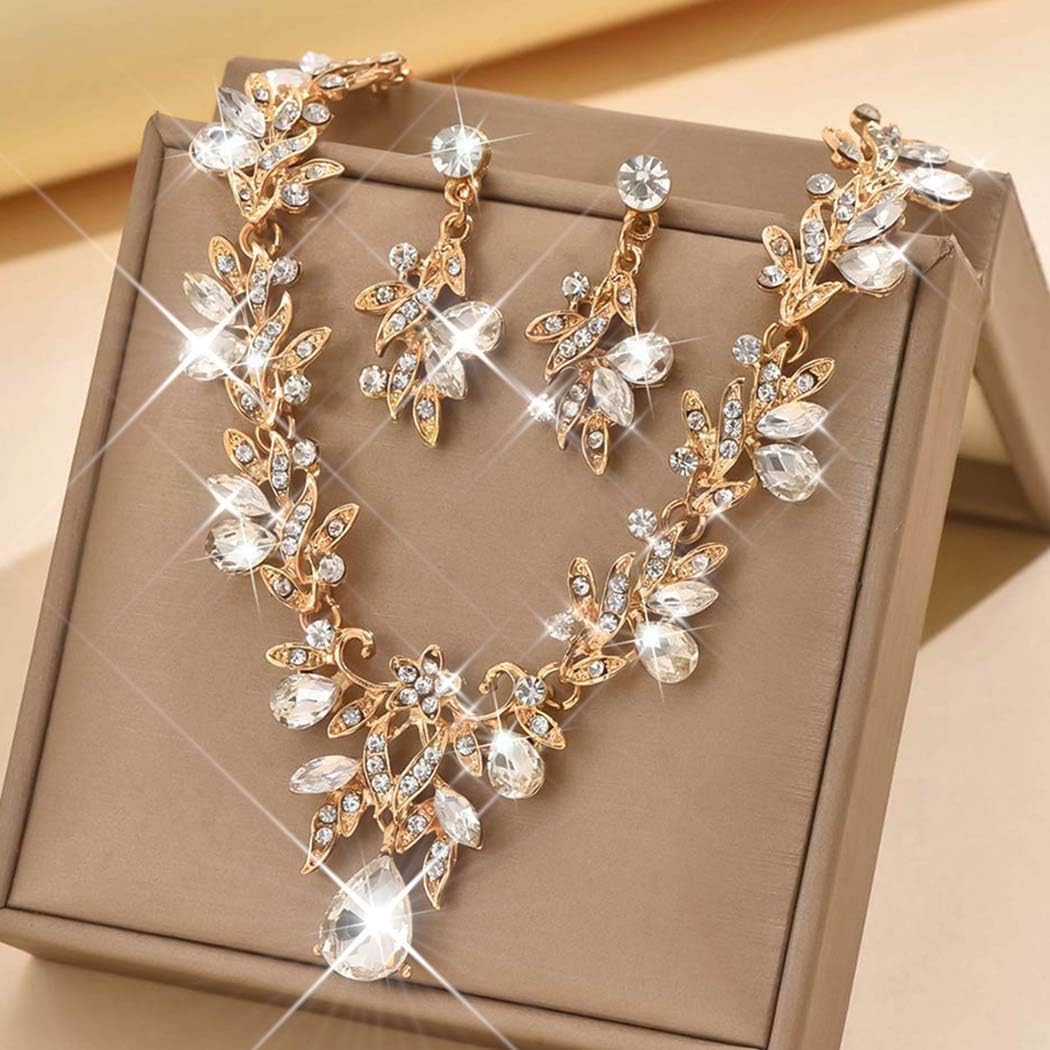Unicra Rhinestone Bridal Wedding Jewelry Sets Gold Necklace Earrings Set Leaf Prom Formal Costume Jewelry Set for Women and Brides