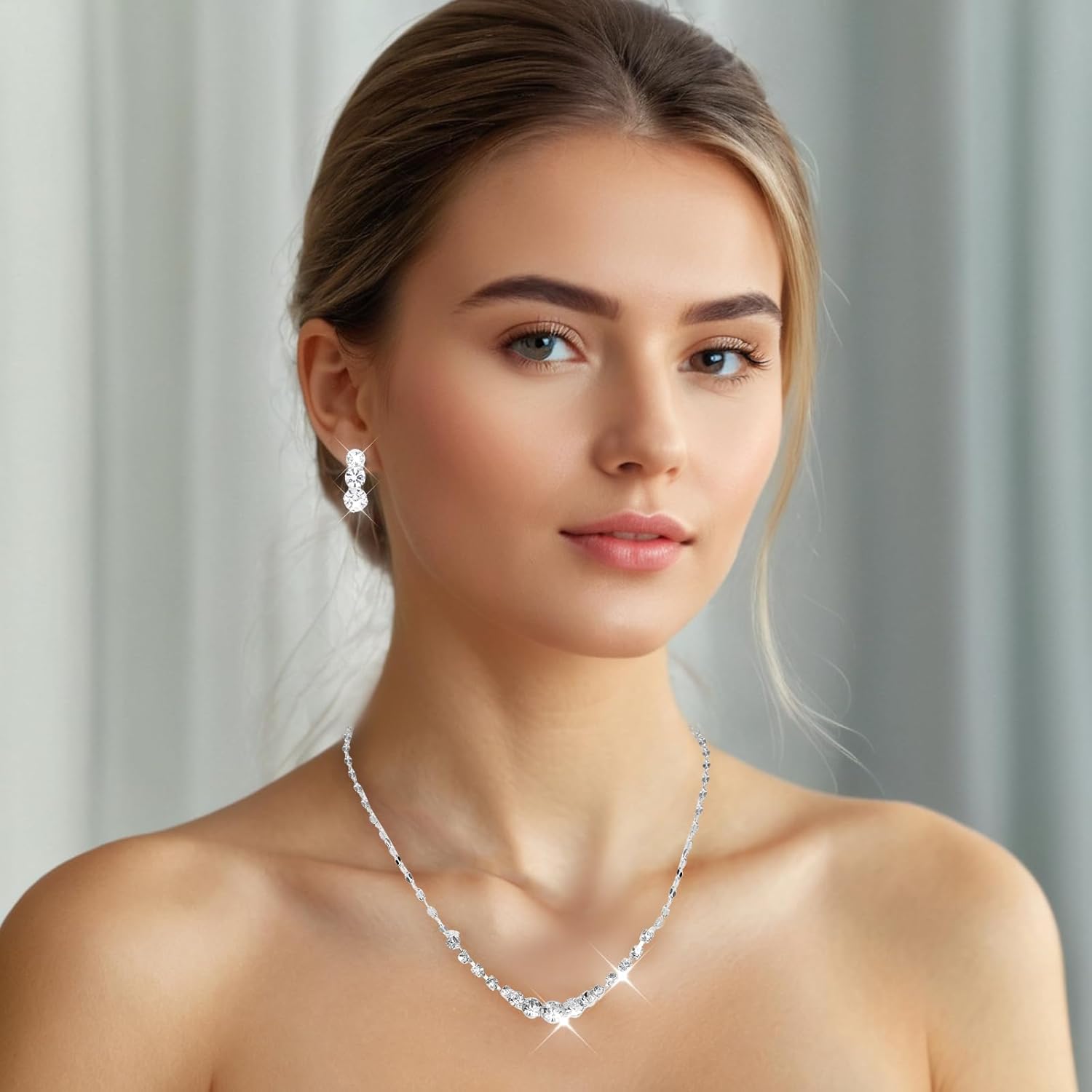 Silver Jewelry Set for Women, Rhinestone Necklace Bracelet Dangle Earrings Set, Crystal Bridal Wedding Party Jewelry Sets for Bride Bridesmaid Formal Costume Accessories