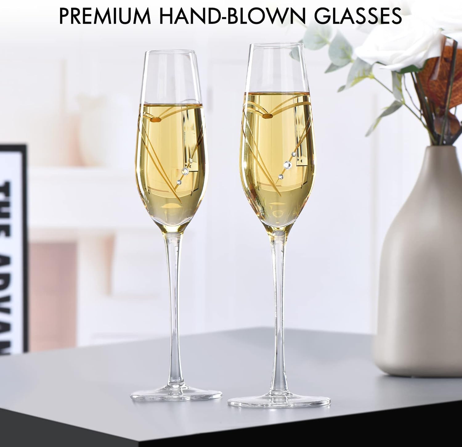 Champagne Flutes, Bride and Groom Wedding Toasting Champagne Glasses Set of 2 with Engraved Love Heart Design Embellished with Crystal, Wedding Engagement Christmas Presents for Couple