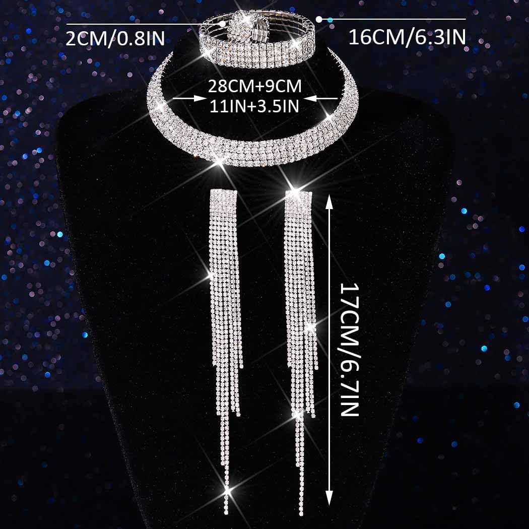 Unicra Rhinestone Bridal Wedding Jewelry Sets Silver Choker Necklace Earrings Bracelet Ring Set Prom Formal Costume Jewelry Set for Women and Brides
