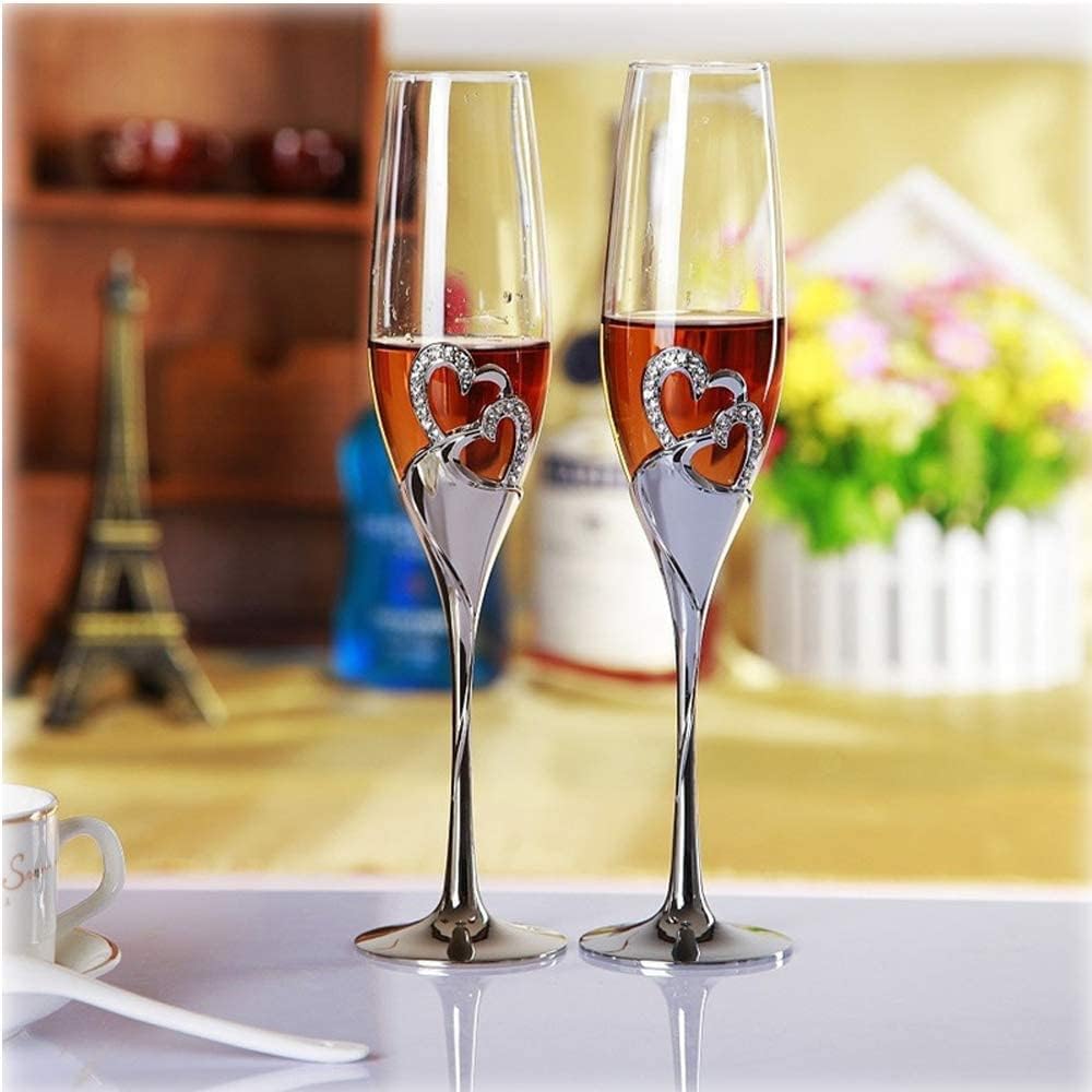 LANLONG Wedding Champagne Goblets Toasting Flute Glasses for Bride and Groom Creative Deluxe Glass Cups with Rhinestone Rimmed Heart Decoration Gift Set