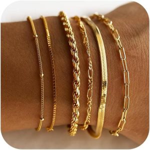 DEARMAY Gold Bracelets for Women Waterproof, 14K Gold Plated Jewelry Sets Trendy Thin Dainty Stackable Cuban Link Paperclip Chain Bracelet Pack Fashion Accessories Gifts for Womens