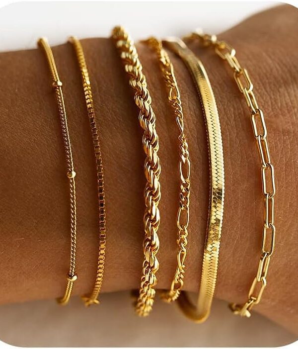 DEARMAY Gold Bracelets for Women Waterproof, 14K Gold Plated Jewelry Sets Trendy Thin Dainty Stackable Cuban Link Paperclip Chain Bracelet Pack Fashion Accessories Gifts for Womens