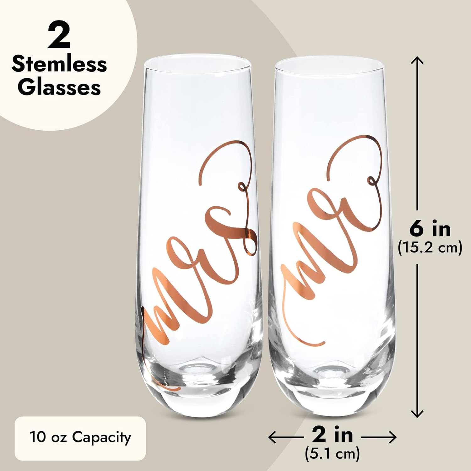 Juvale Mr & Mrs Champagne Flutes Set of 2-10 oz, 6 in, Clear Stemless Glass – Bridal Shower & Wedding Registry Gifts – Engagement Gift & Bride & Groom Glasses
