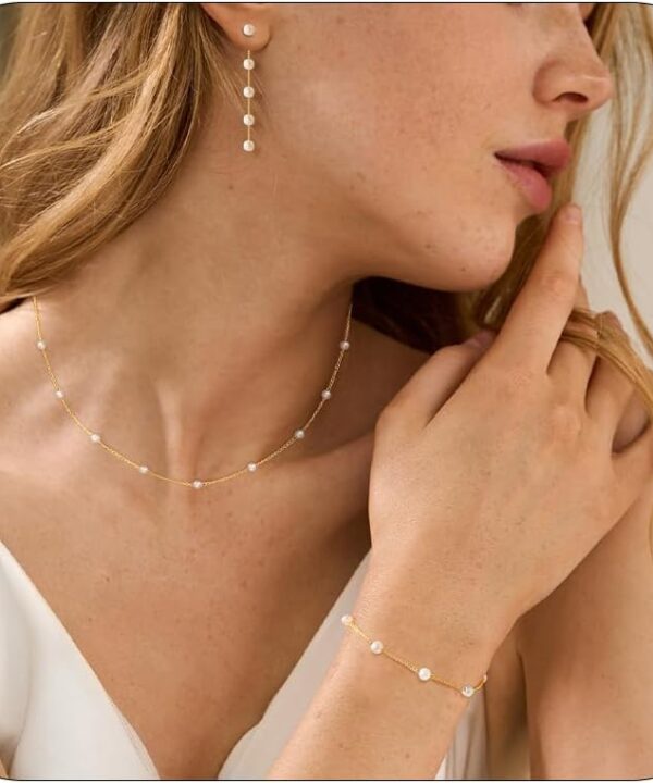 Gold Jewelry Set for Women, Dainty 14K Gold/Silver Plated Pearl Necklace and Earring Set with Drop Earrings, Bracelets, Choker Necklace - Wedding Jewelry Gift