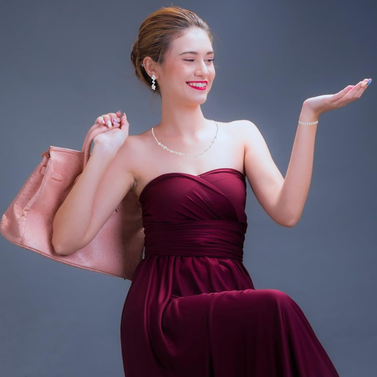 Crystal Wedding Jewelry Set, Silver Necklace Earrings Bracelet Crystal Bridal Wedding Jewelry Sets for Brides Bridesmaid Prom Costume Accessories