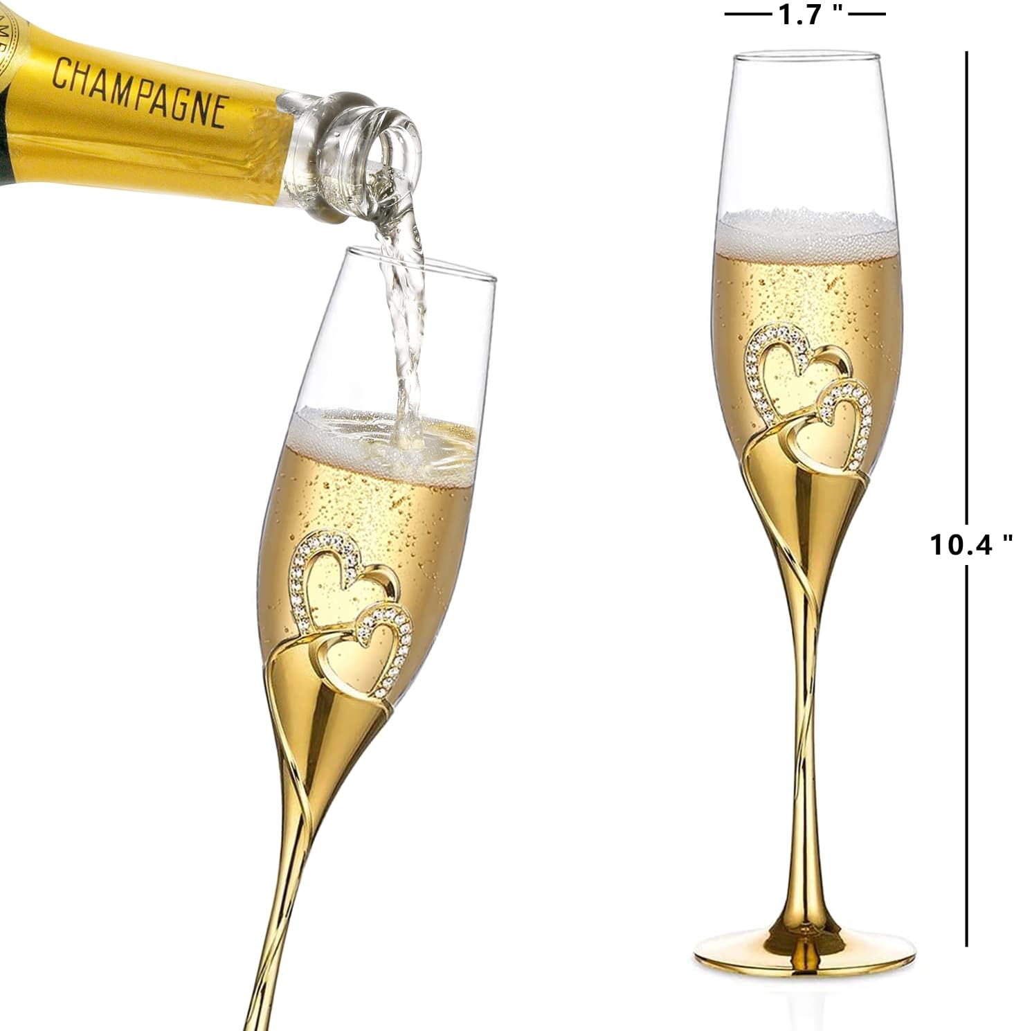 Wedding Cake Knife and Server Set, Gold Wedding Champagne Fluteswith Twin Heart Base and Rhinestone Detailing, Toasting Glasses for Couple Bride and Groom, Cake Cutting Set of 6