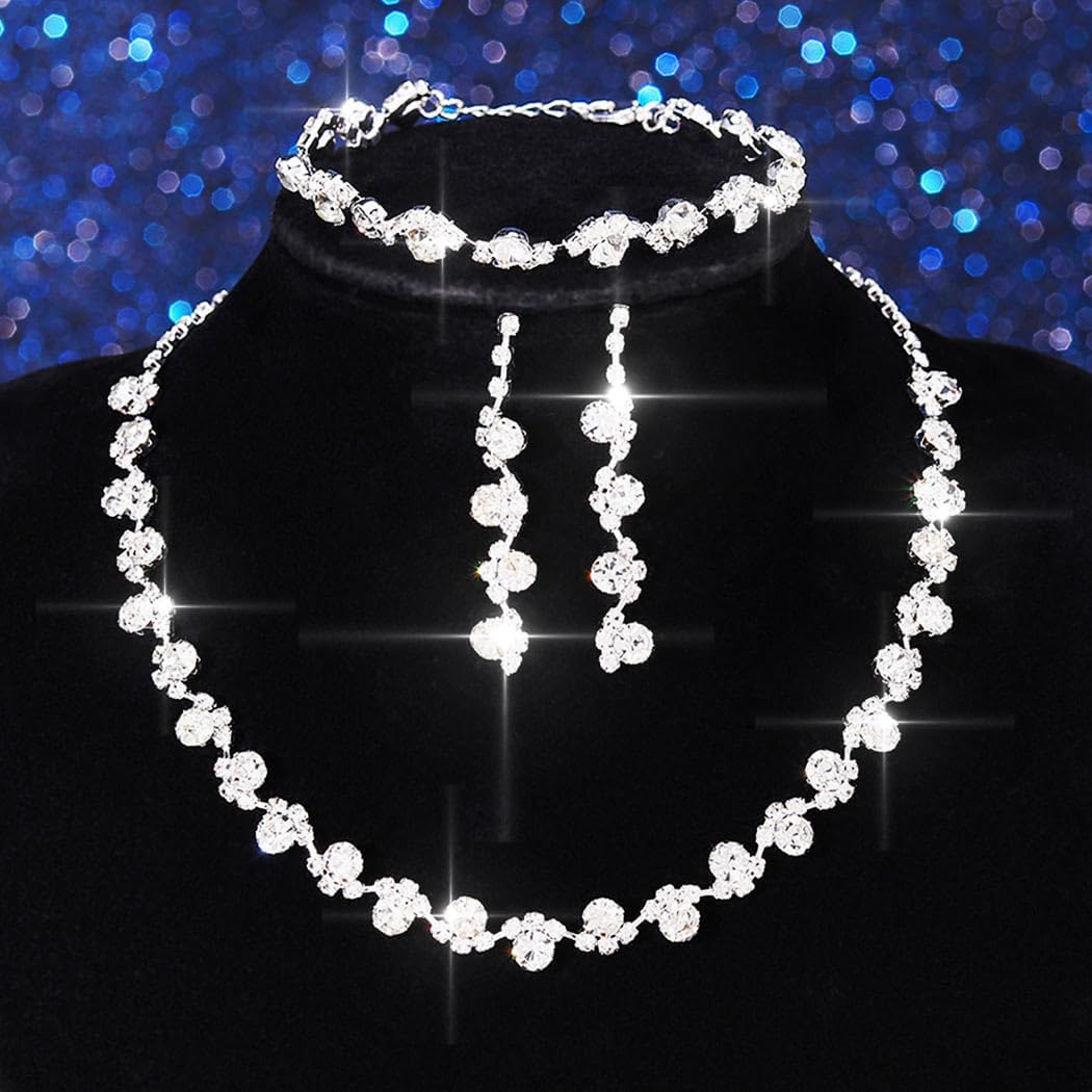 Aukmla Bridal Wedding Jewelry Set Silver Rhinestones Choker Necklaces Earrings Bracelet Sets Prom Jewelry for Women and Brides