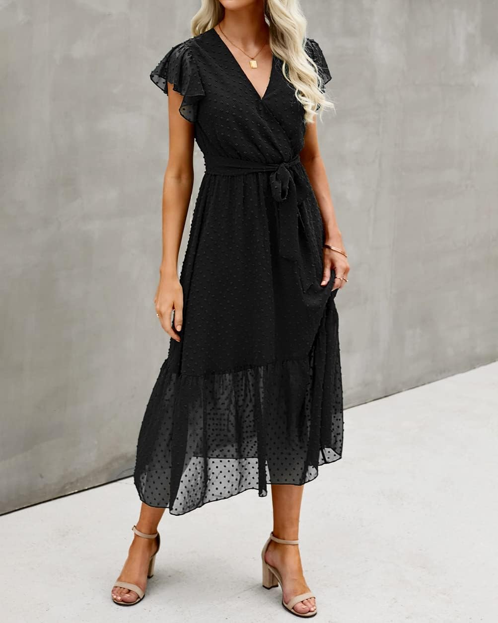 BTFBM Women Summer Bohemian Floral Casual Wrap V Neck Ruffle Cap Sleeveless Belt A-Line Pleated Hem Midi Sun Dress White