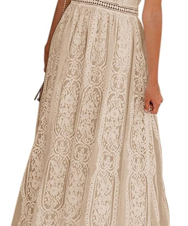 MEROKEETY Women's V Neck Short Sleeve Floral Lace Wedding Dress Bridesmaid Cocktail Party Maxi Dress