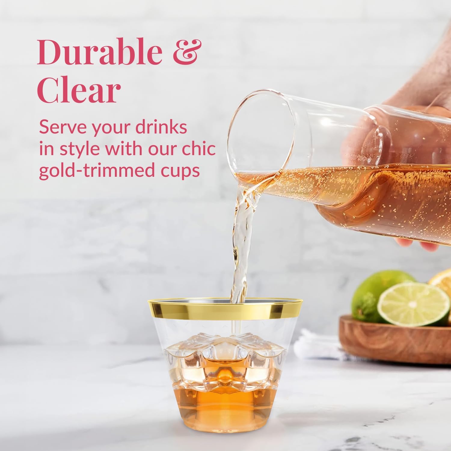 Prestee 100-Pack 9oz Gold Rimmed Plastic Cups Disposable Wine Glasses for Charcuterie, Weddings, Parties, and Events – Elegant Cocktail and Drinking Cups for Champagne, Martini, and Mocktails