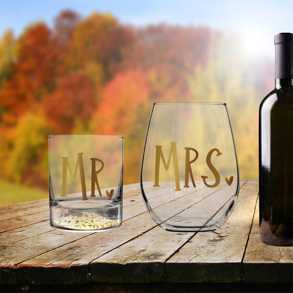 Mr Whiskey Glass and Mrs Wine Glass Gift Set, Wedding Gift Glass Set For His and Hers Anniversary Engagement Gifts for Him and Hers, Gift for Couples and Newlyweds – Husband and Wife-215