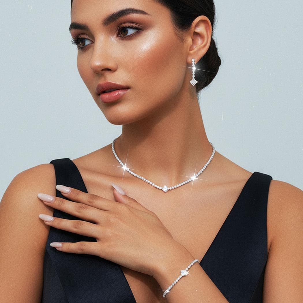 Unicra Silver Bridal Wedding Jewelry Set Sparkly Rhinestone Necklace Earrings Bracelet Sets Formal Costume Jewelry for Women and Brides