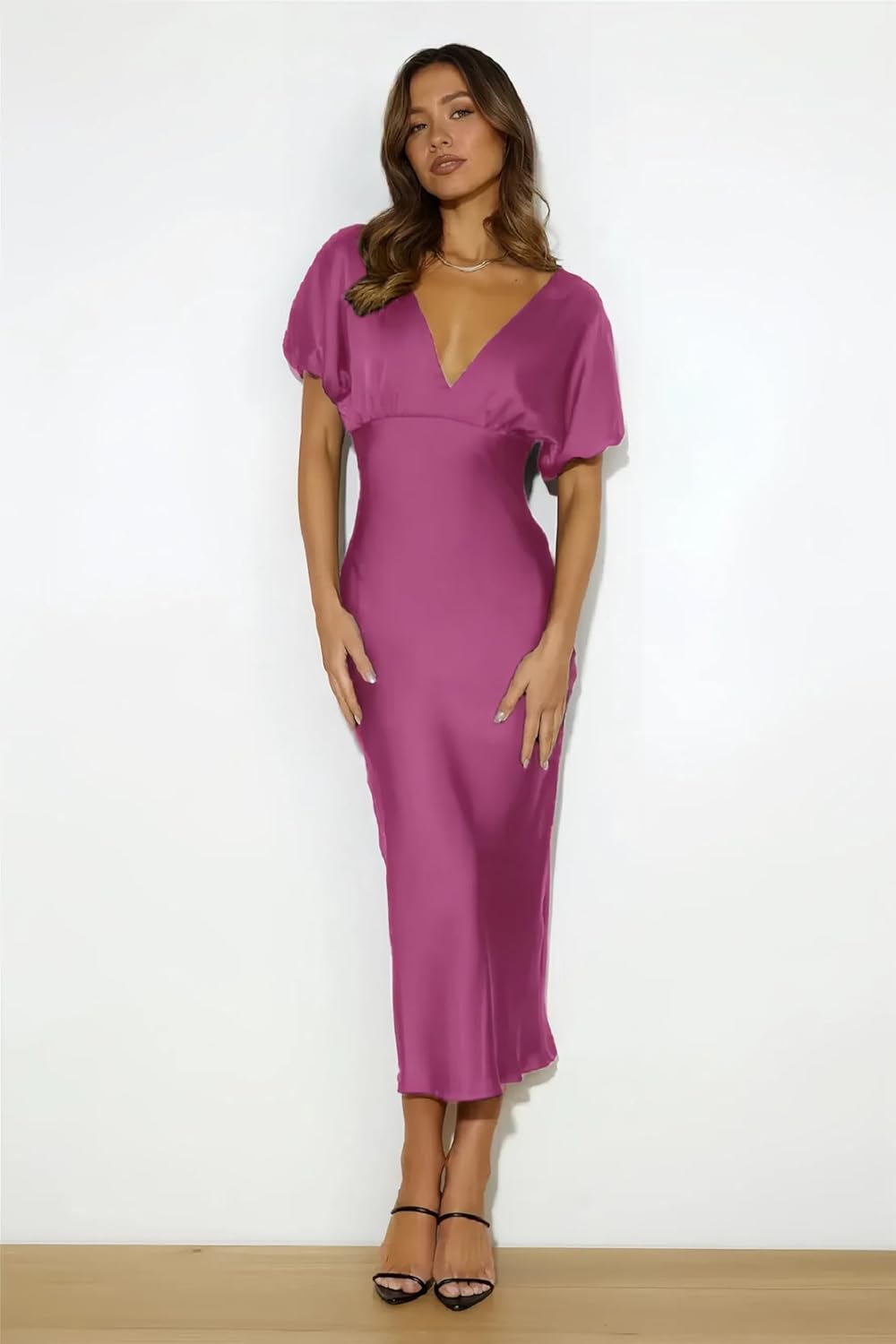 Satin V Neck Puffy Sleeves Silk Midi Dresses Empire Waist Elegant Tie Back Formal Cocktail Dress for Women Wedding Guest