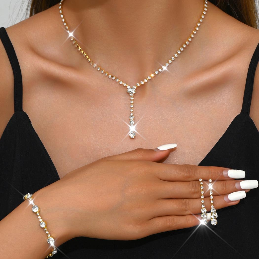 Unicra Bride Silver Bridal Necklace Earrings Set Crystal Wedding Jewelry Set Rhinestone Choker Necklace for Women and Brides