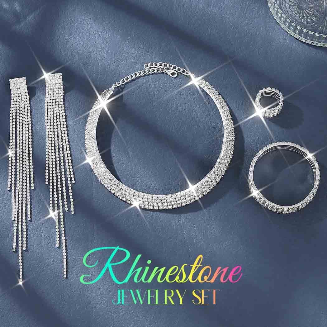 Unicra Rhinestone Bridal Wedding Jewelry Sets Silver Choker Necklace Earrings Bracelet Ring Set Prom Formal Costume Jewelry Set for Women and Brides