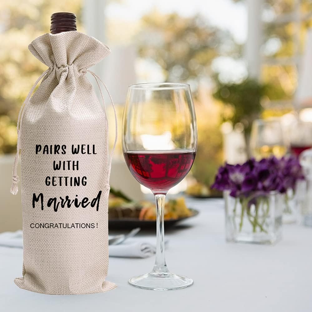 LANBAIHE Wedding Wine Bag,Linen Wine Gift Bag,Wedding Couples, Bride and Groom Gift,Wedding Gift,Reusable Wine Bag -Pairs Well With Getting Married