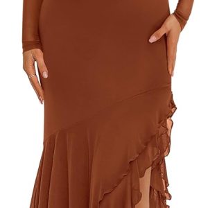 BTFBM Women's Maxi Dresses Fall 2025 Long Sleeve Ruched Bodycon Solid Ruffle Mermaid Cocktail Wedding Guest Dress