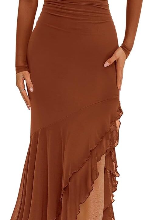 BTFBM Women's Maxi Dresses Fall 2025 Long Sleeve Ruched Bodycon Solid Ruffle Mermaid Cocktail Wedding Guest Dress