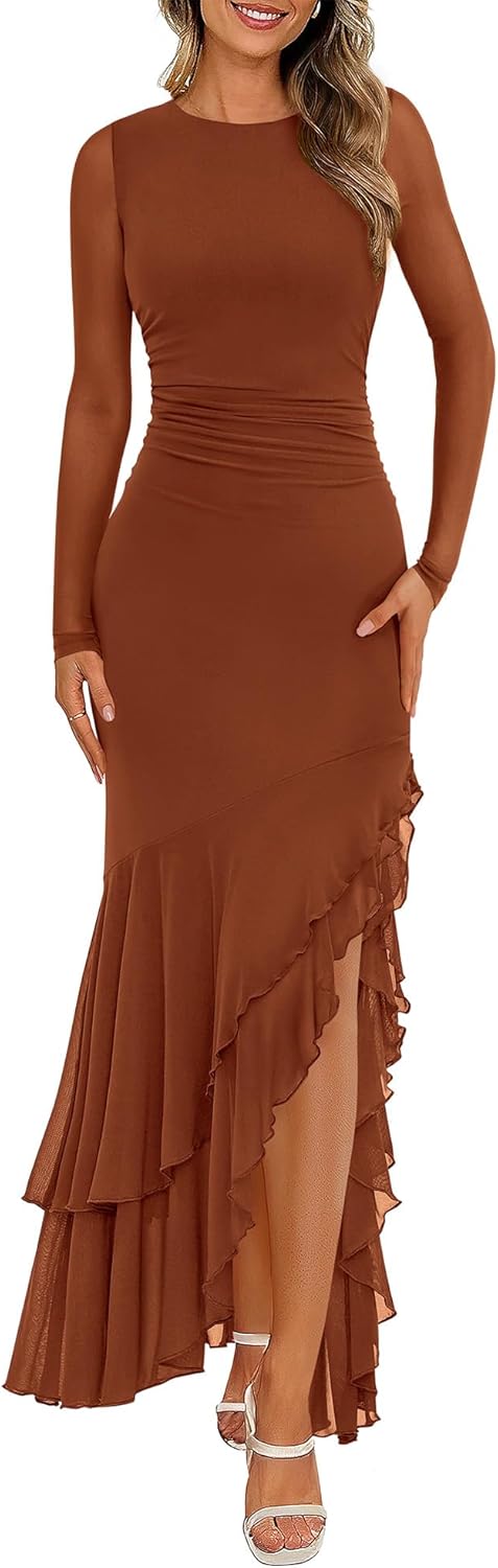 BTFBM Women's Maxi Dresses Fall 2025 Long Sleeve Ruched Bodycon Solid Ruffle Mermaid Cocktail Wedding Guest Dress