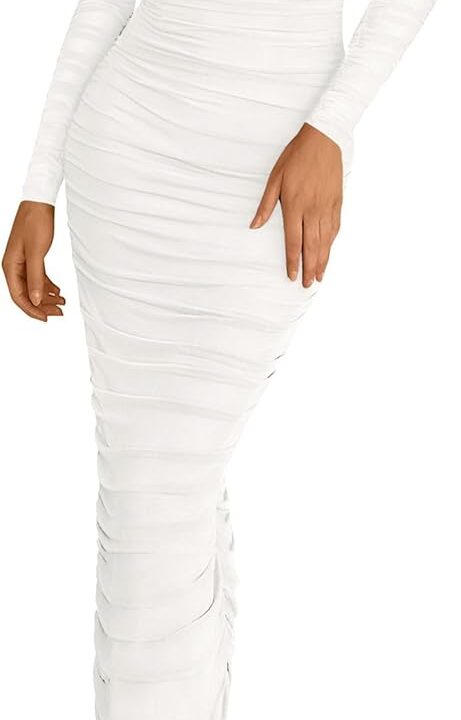 PRETTYGARDEN Womens 2025 Fall Long Sleeve Maxi Dress Off Shoulder Mesh Ruched Bodycon Trendy Long Wedding Guest Dresses