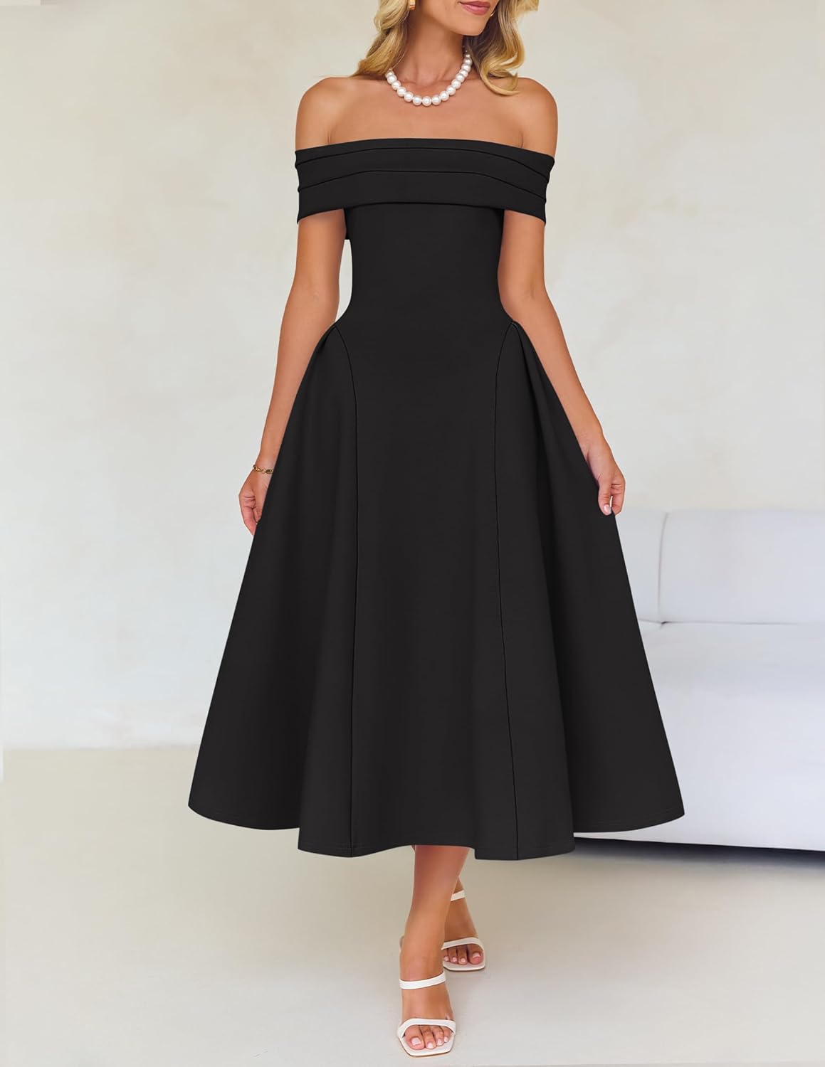 ZESICA Cocktail Dresses for Women’s Elegant Off Shoulder Short Sleeve Swing A Line Wedding Evening Party Midi Dress