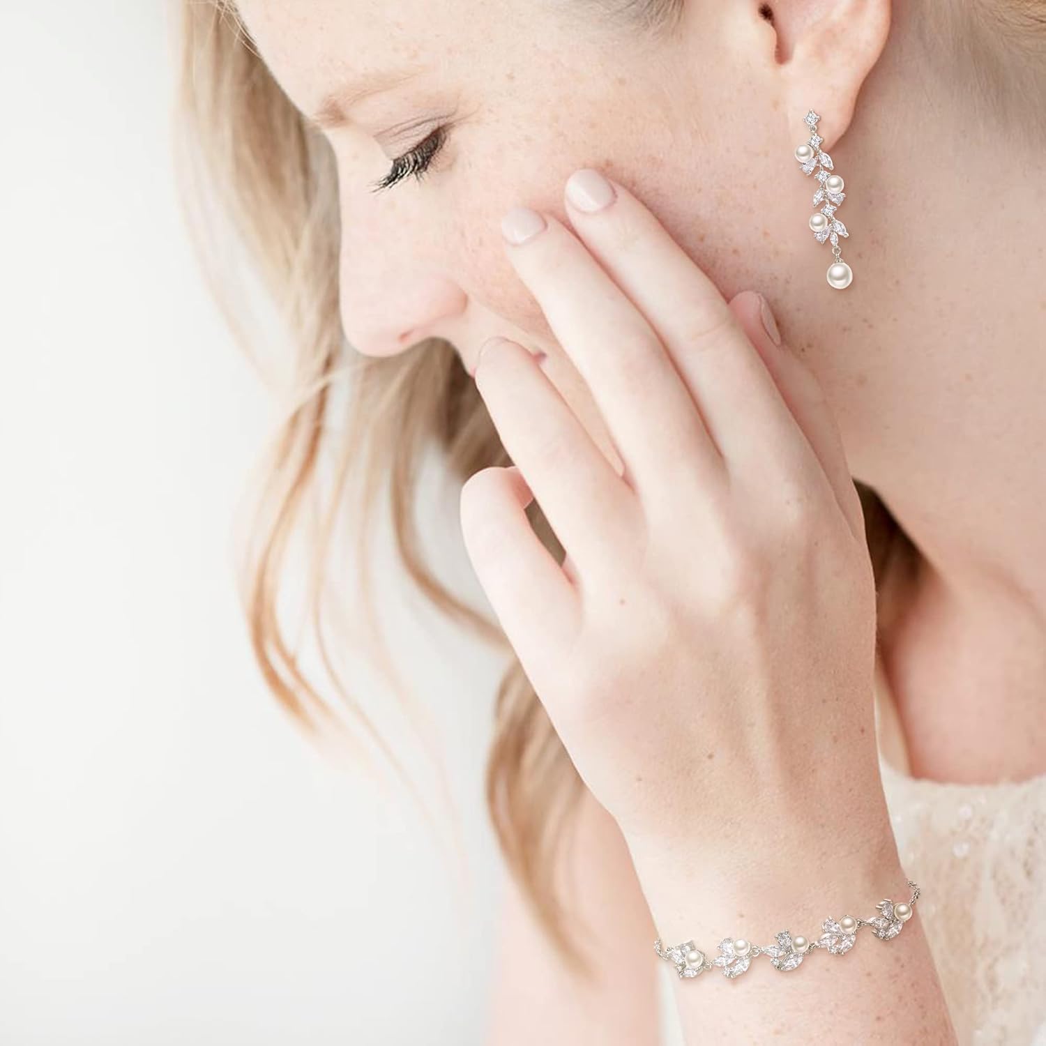 EleQueen Women’s Simulated Pearl Wedding Jewelry Set, Cubic Zirconia Marquise Floral Bridal Necklace Earrings Bracelet Sets