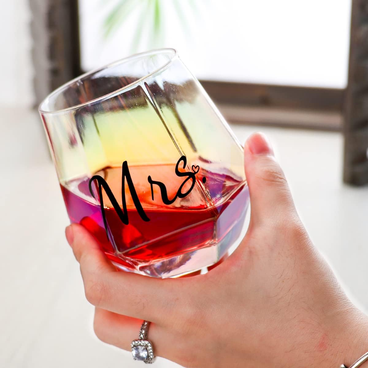 Mr & Mrs Iridescent Diamond Shaped Stemless Wine Glasses for Couples – Unique Colorful His & Hers Wedding & Engagement Gift Set of 2