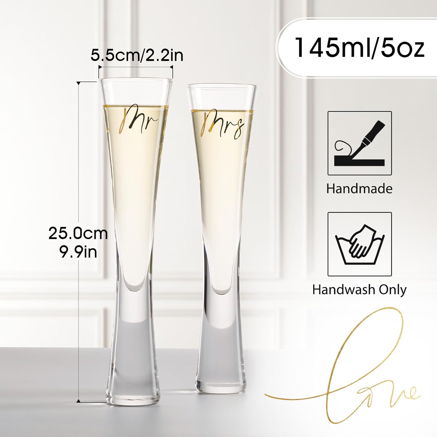 NUTRIUPS Mr & Mrs Champagne Flutes, Wedding Toasting Flutes for Bride and Groom, Hand Blown Crystal Prosecco Glasses for Anniversary, Set of 2