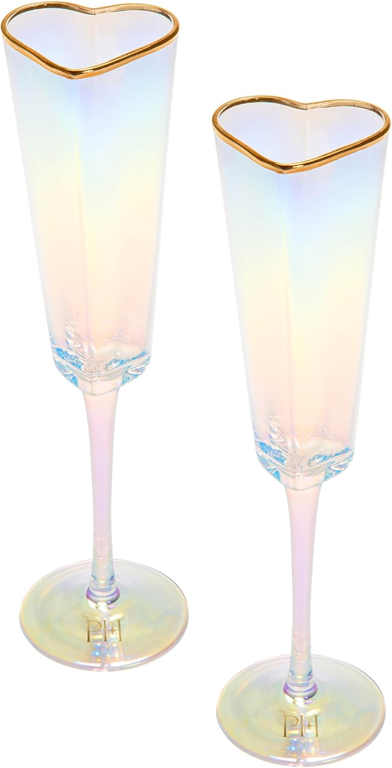 Paris Hilton Heart Shaped Champagne Flute Gift Set, Elegant Handmade Glassware Set, Perfect for Celebrations, Weddings or any Special Occasion, 2-Piece Set, 5.5-Ounce, Iridescent with Gold Rim