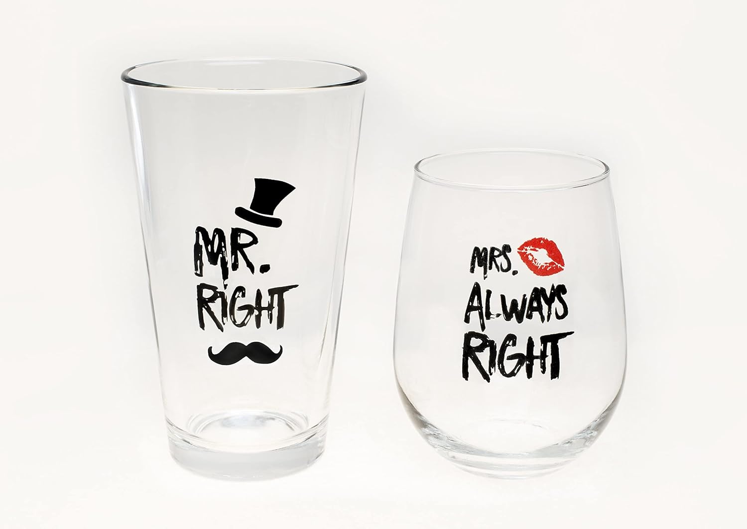 Funny Mr. Right and Mrs. Always Right Novelty Wine Glass and Beer Glass | Includes Fun, Stylish Gift Box | For Weddings, Engagement, Newlywed, Bachelorette, Anniversary, Couples Gifts